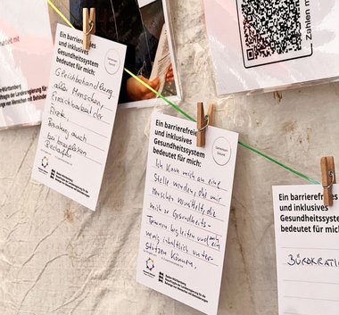 Ansicht ausgefüllte Wunschzettel die an Schnur hängen vom Tag der Inklusion 2025 in Freiburg